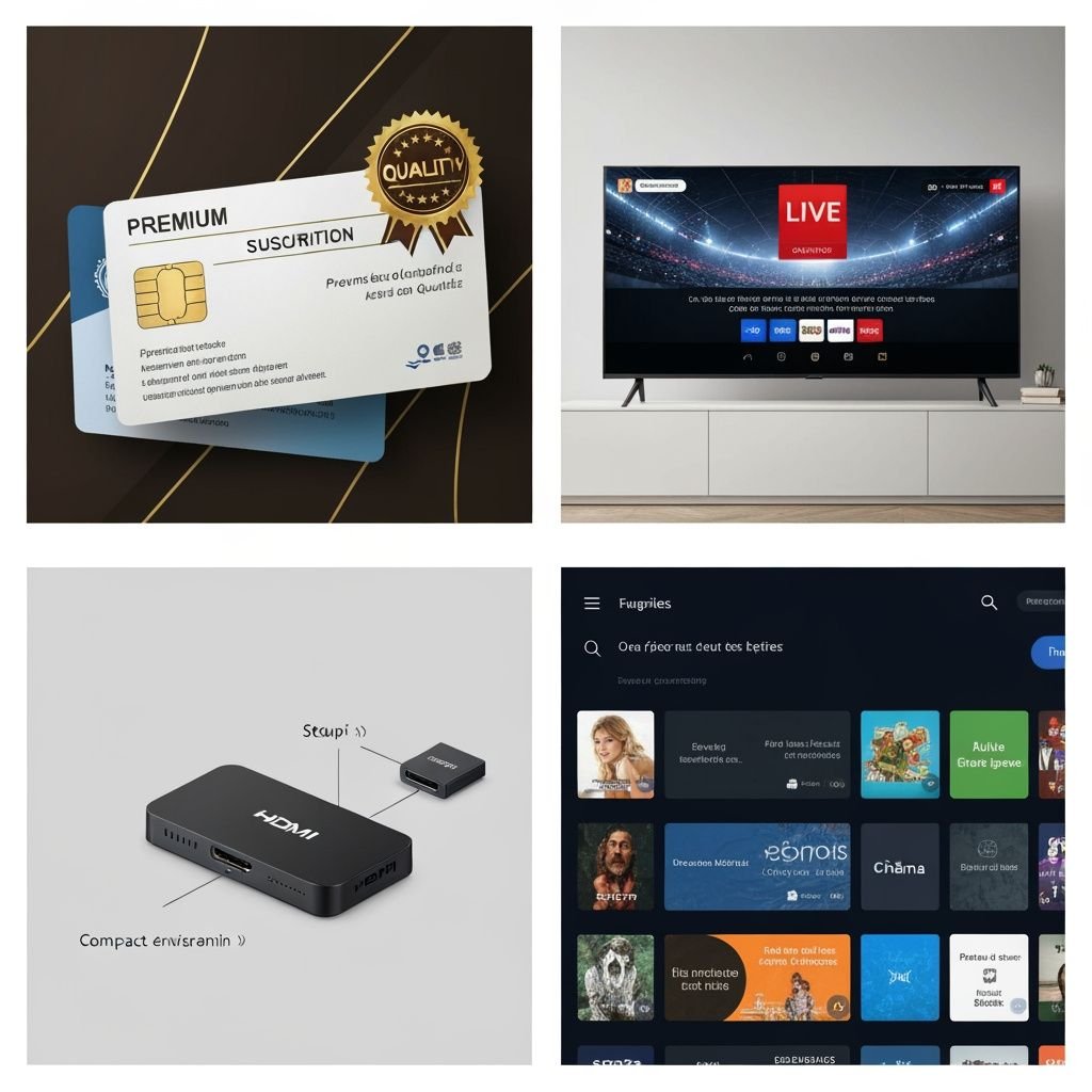 Grille comparant abonnement premium, TV moderne, appareil streaming et interface de chaînes françaises de qualité.