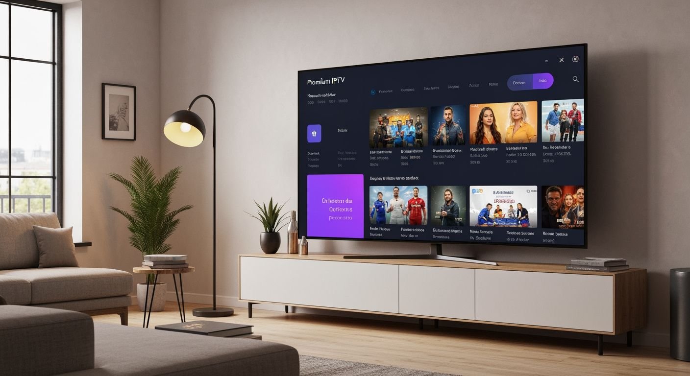 Interface IPTV premium français affichée sur un téléviseur moderne dans un salon contemporain avec qualité HD.