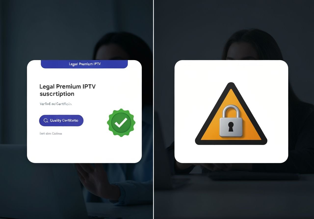 Comparaison visuelle entre service IPTV légal certifié et avertissement de sécurité pour utilisateurs français.