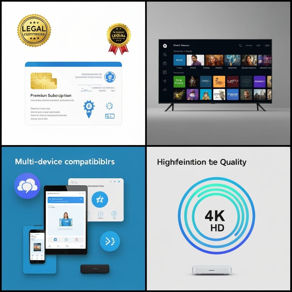 Grille comparant abonnement IPTV légal, contenus disponibles, compatibilité multi-appareils et qualité 4K