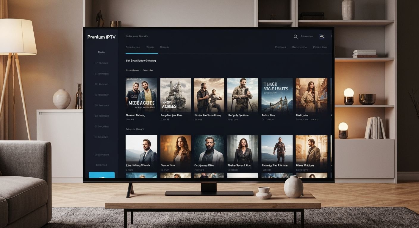 Interface IPTV premium affichée sur Smart TV moderne avec bibliothèque de contenu films et séries en haute qualité