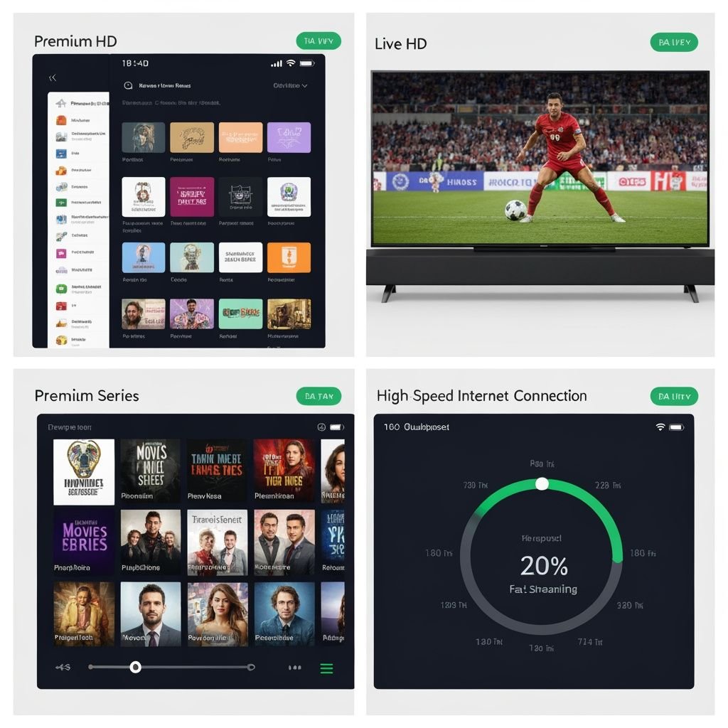 Grille comparant sélection chaînes HD, diffusion sports en direct, bibliothèque films et qualité streaming