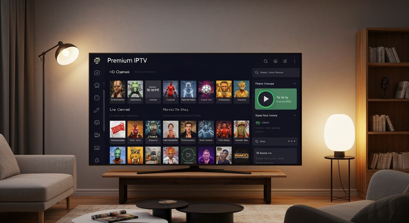 Interface IPTV premium affichant chaînes HD, films et séries en direct sur Smart TV moderne