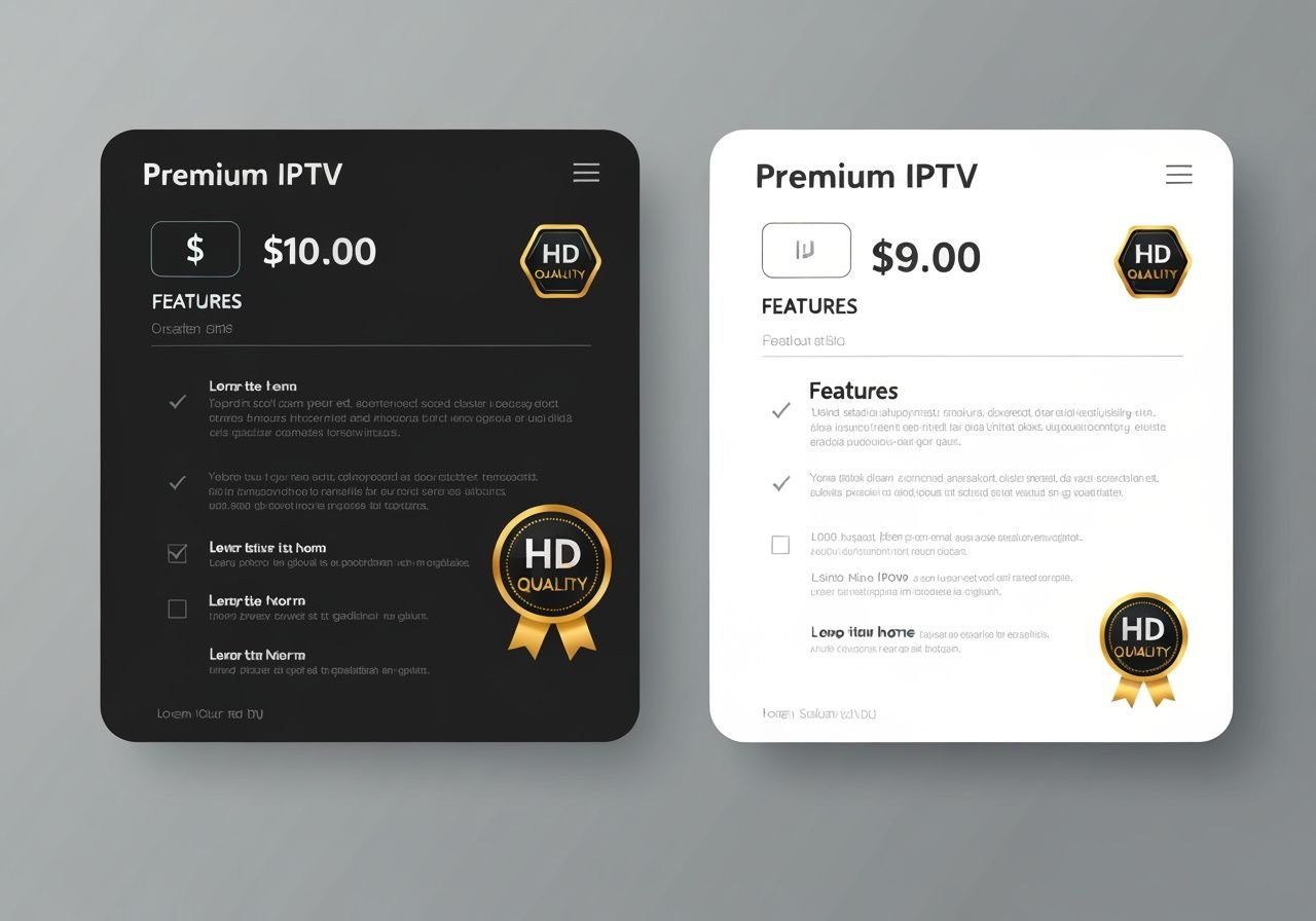 Comparaison deux services IPTV premium avec tarifs, fonctionnalités et badges de fiabilité