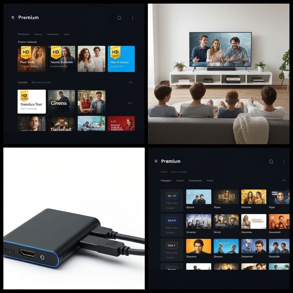 Quatre scènes : interface premium, famille regardant films, appareil streaming connecté, et bibliothèque de contenu varié...