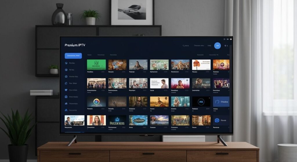 Interface IPTV premium affichant grille de chaînes organisées et contenu haute définition sur écran Smart TV moderne