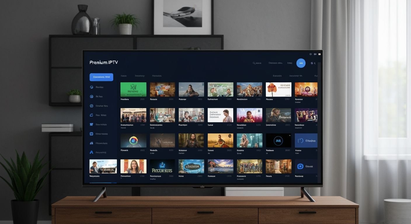 Interface IPTV premium affichant grille de chaînes organisées et contenu haute définition sur écran Smart TV moderne