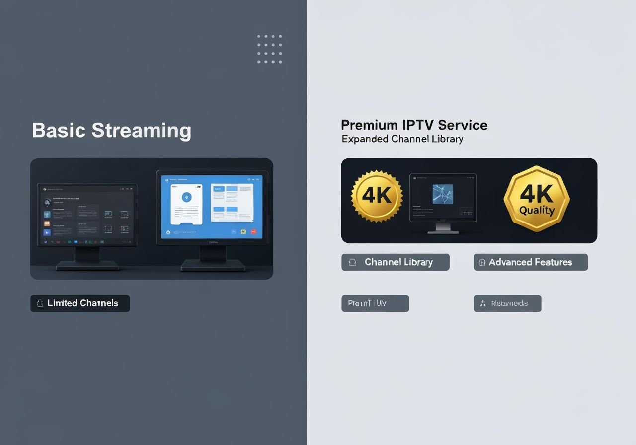 Comparaison visuelle entre service IPTV basique et offre premium avec plus de chaînes et fonctionnalités avancées