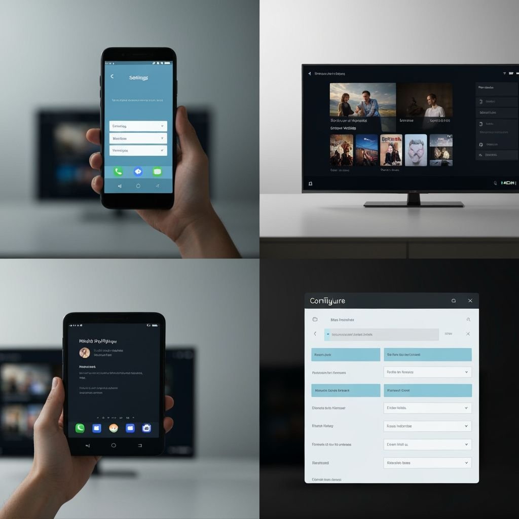 Quatre étapes d'installation et configuration d'une application IPTV sur Android : paramètres, chargement, connexion TV...