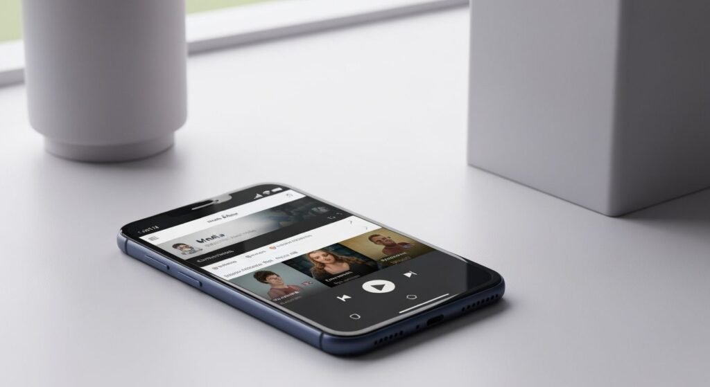 Smartphone Android affichant une application lecteur IPTV avec interface de contrôle et liste de chaînes.