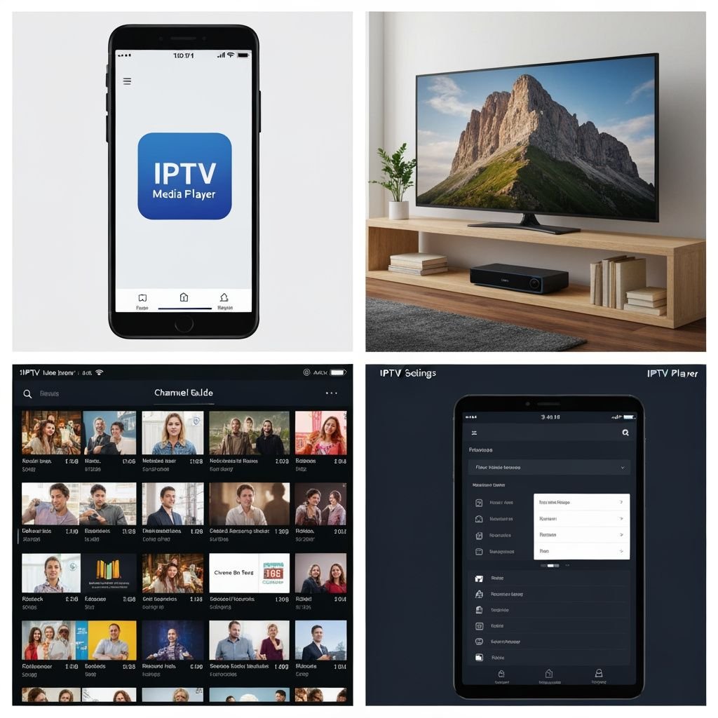 Quatre panneaux montrant installation, compatibilité et fonctionnalités d'une application lecteur IPTV