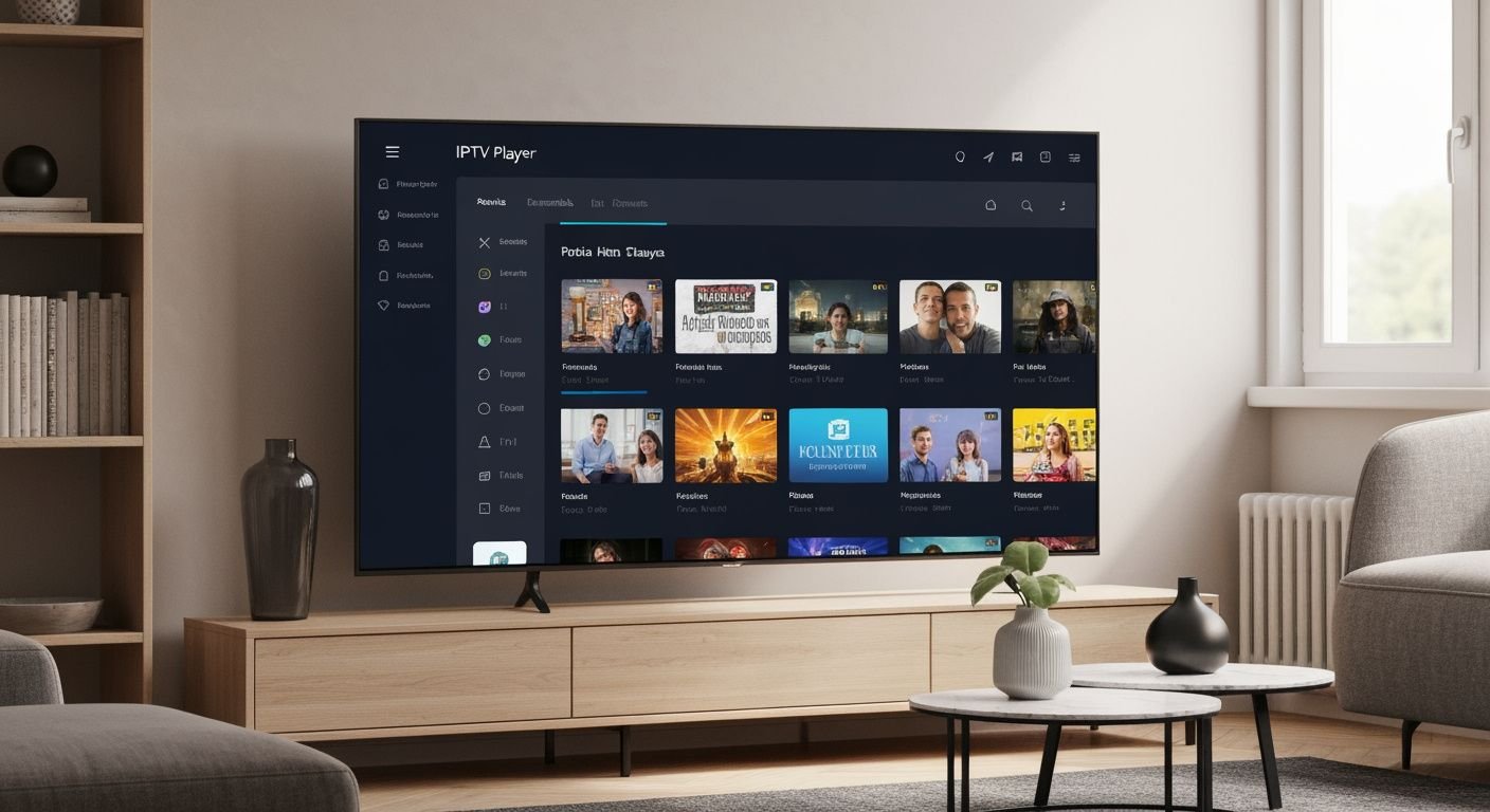 Interface de lecteur IPTV moderne affichée sur un téléviseur premium dans un salon contemporain