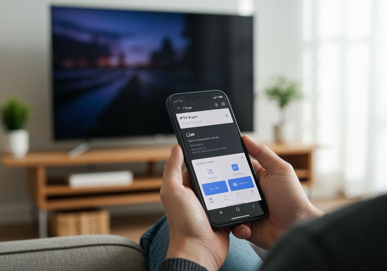 Smartphone affichant l'application lecteur IPTV avec guide des chaînes en main, contexte divertissement maison