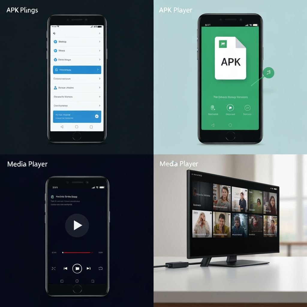 Quatre étapes d'installation : paramètres Android, fichier APK, lecteur vidéo, et connexion TV.