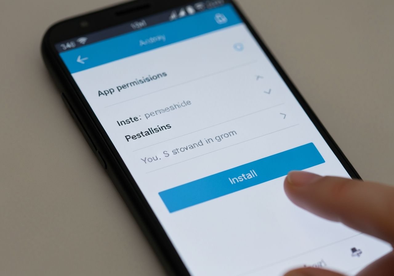 Écran Android montrant la boîte de dialogue de permissions et le bouton d'installation d'application.
