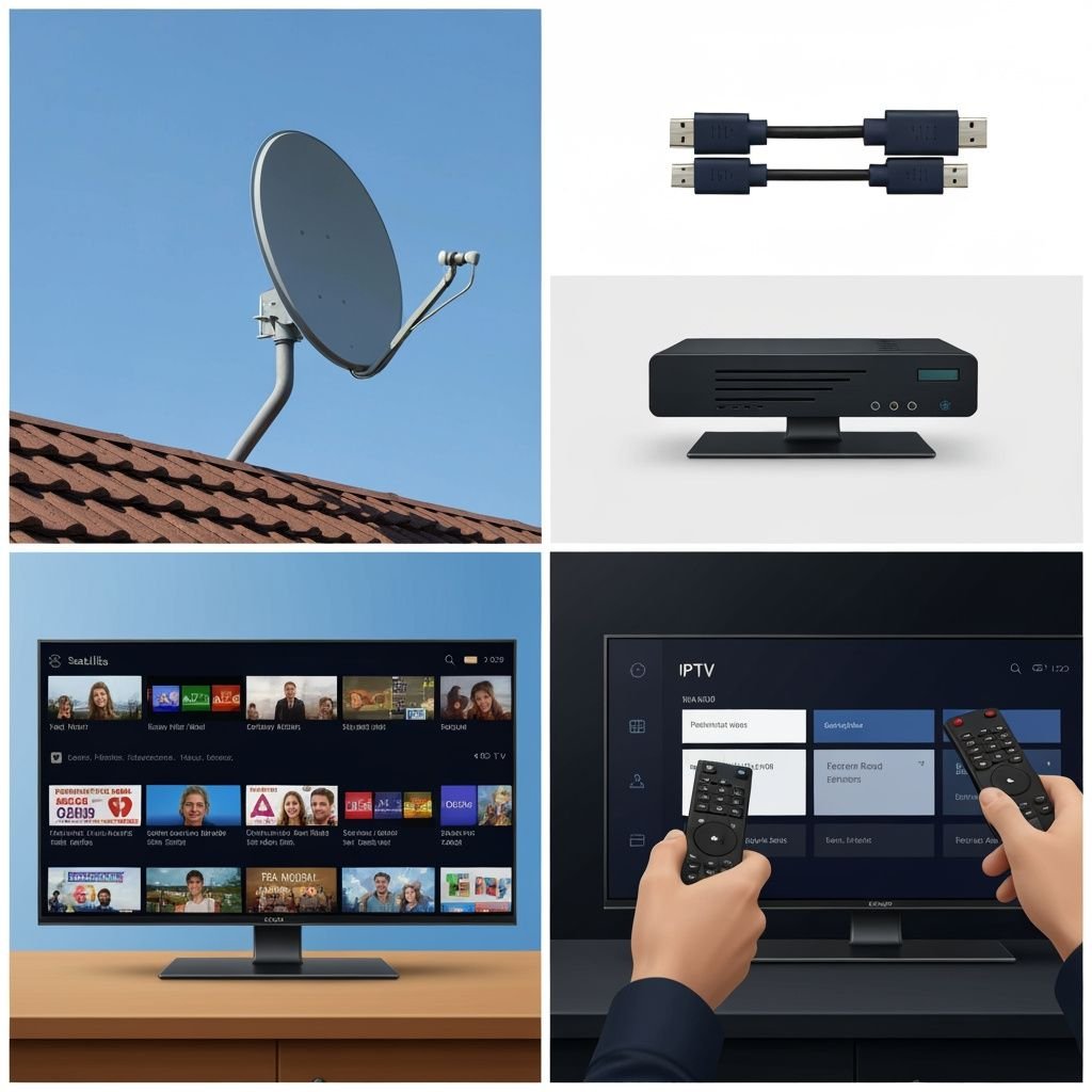 Quatre étapes d'installation satellite IPTV : parabole, câblage, affichage dual et télécommande