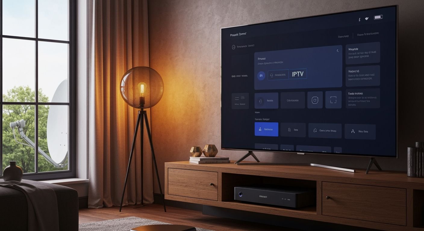 Salon moderne avec TV connectée affichant interface hybride satellite et IPTV, parabole visible par la fenêtre