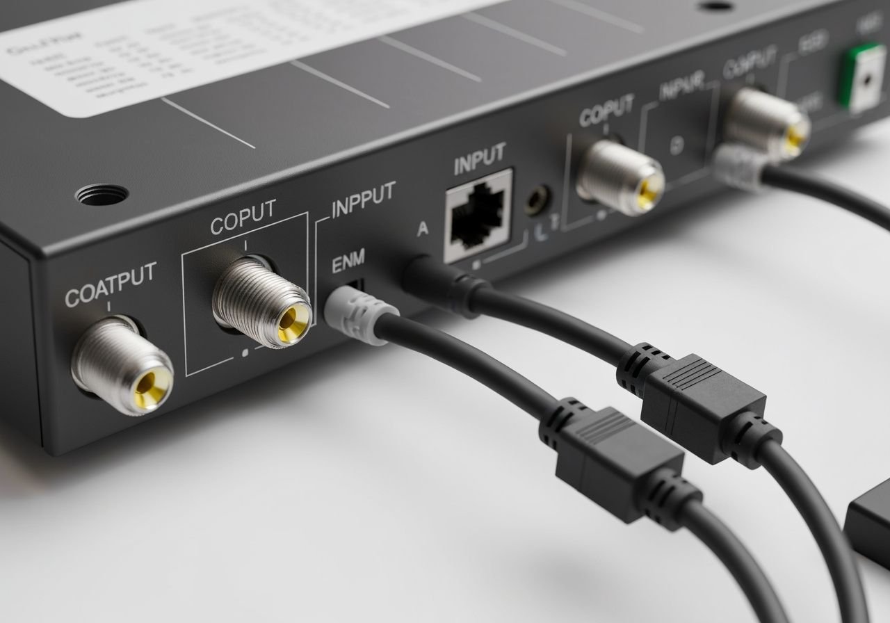 Gros plan sur décodeur satellite avec ports d'entrée/sortie et câbles de connexion correctement organisés