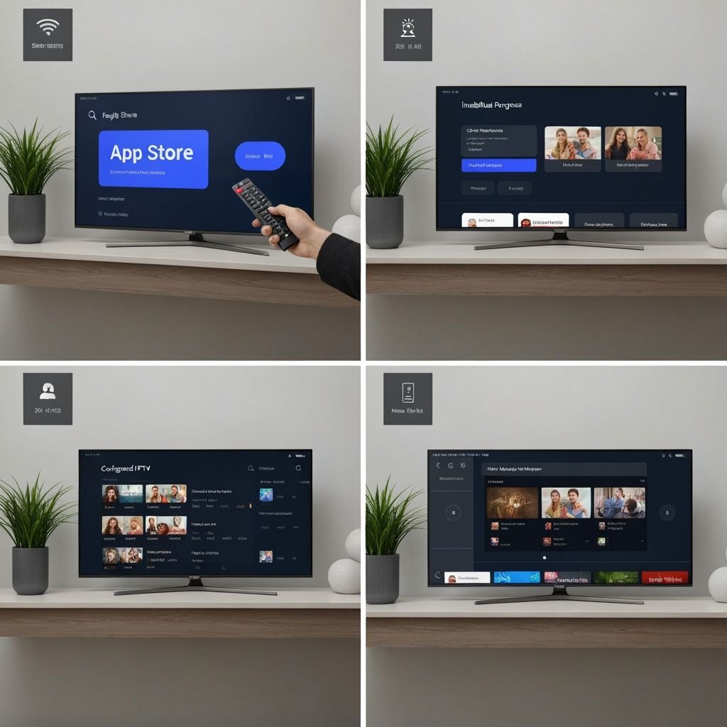 Quatre étapes d'installation et configuration d'une application IPTV : accès app store, installation, paramétrage et lecture
