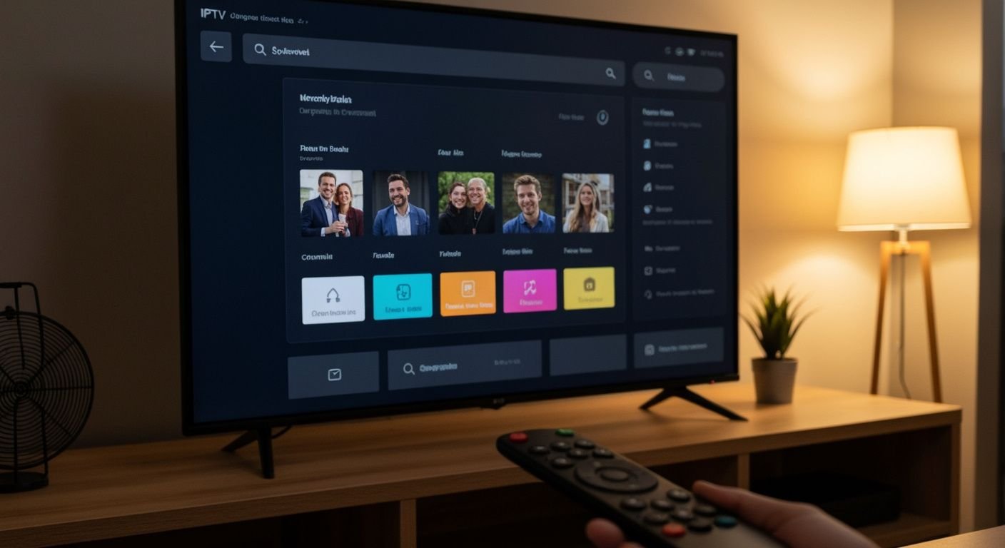 Installation d'une application IPTV sur un Smart TV moderne avec interface claire et télécommande