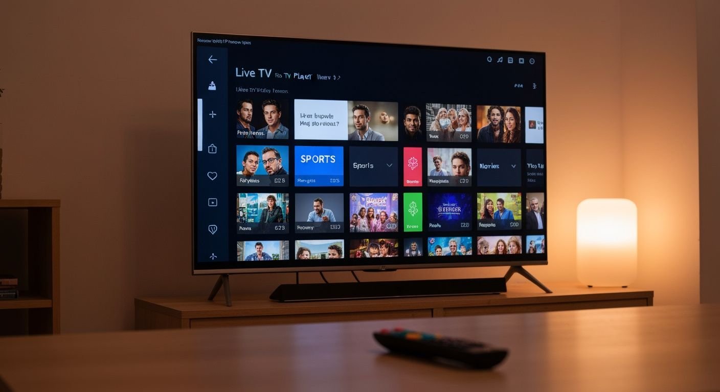 Interface de lecteur IPTV moderne affichée sur un Smart TV avec chaînes et contenu organisés
