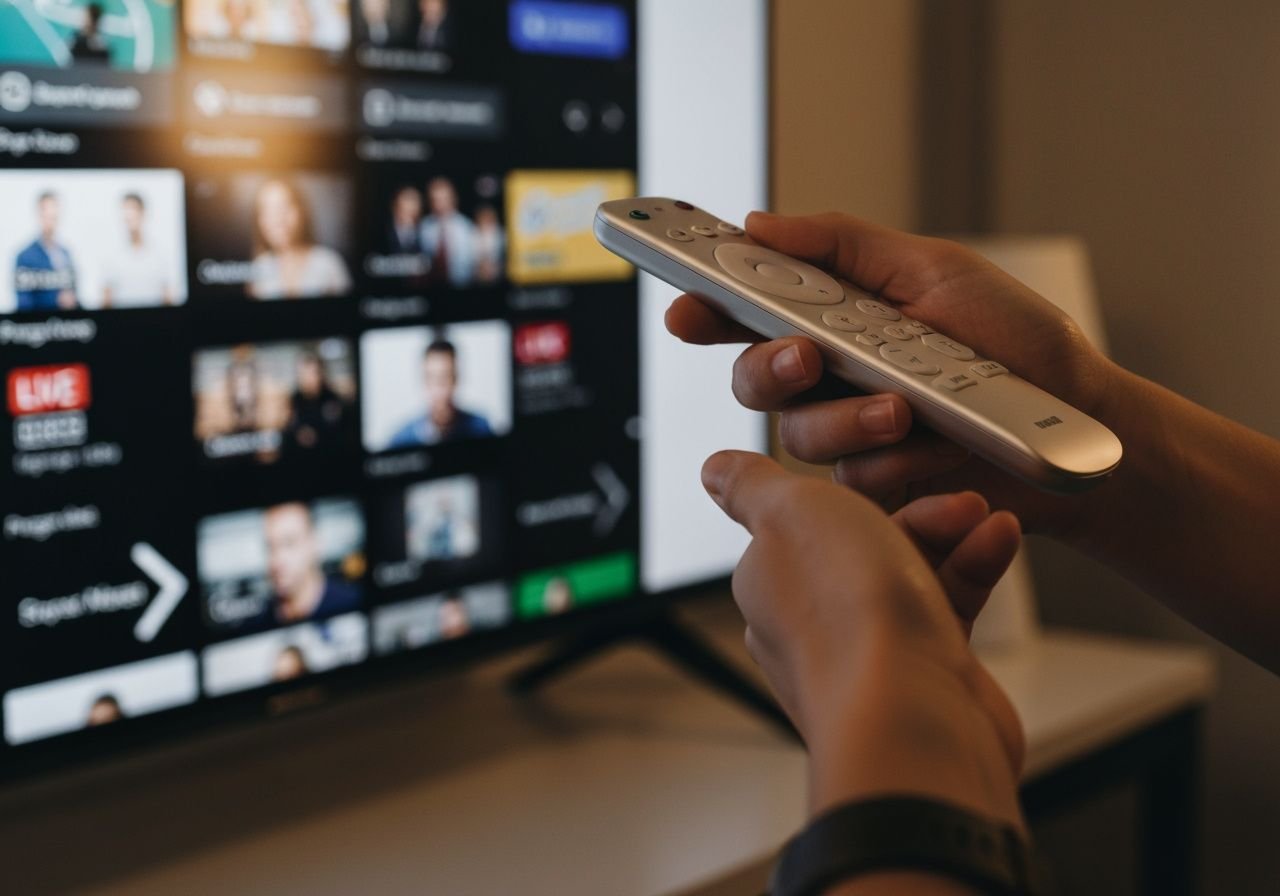 Télécommande pointée vers un Smart TV affichant une interface de streaming en direct