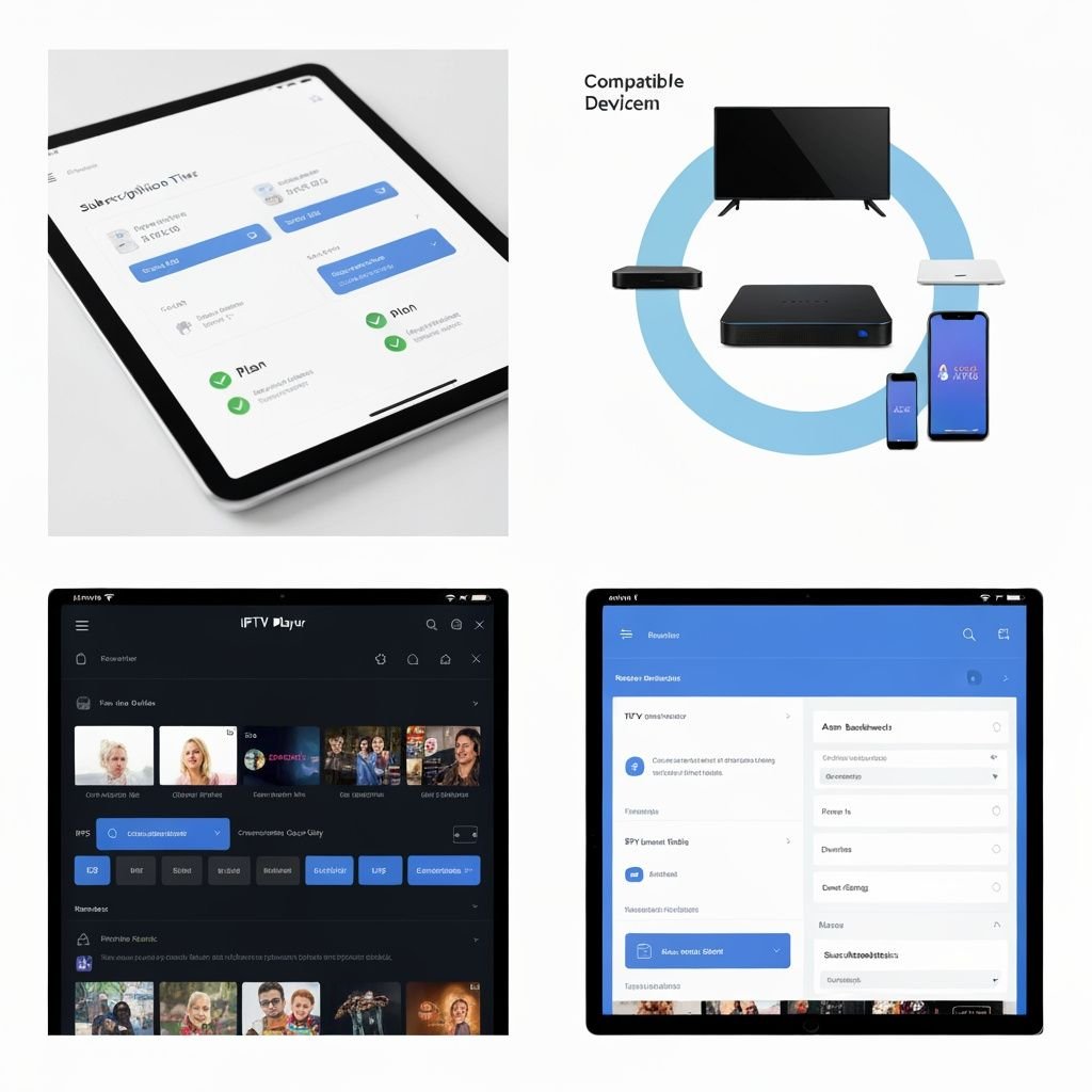 Grille comparant tarifs IPTV, appareils compatibles, interface lecteur et tableau de bord utilisateur