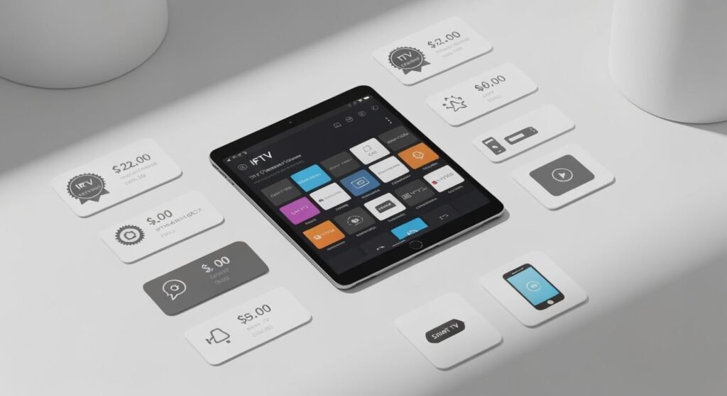 Tablette affichant interface IPTV avec cartes tarifaires et icônes d'appareils compatibles