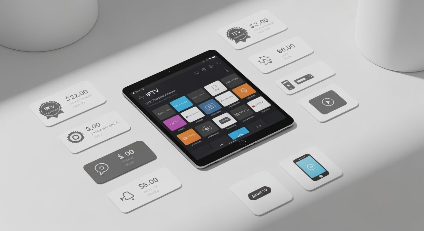 Tablette affichant interface IPTV avec cartes tarifaires et icônes d'appareils compatibles