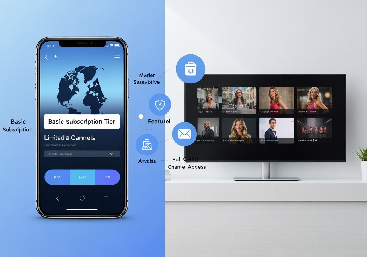 Comparaison visuelle entre abonnement basique et premium IPTV sur différents appareils