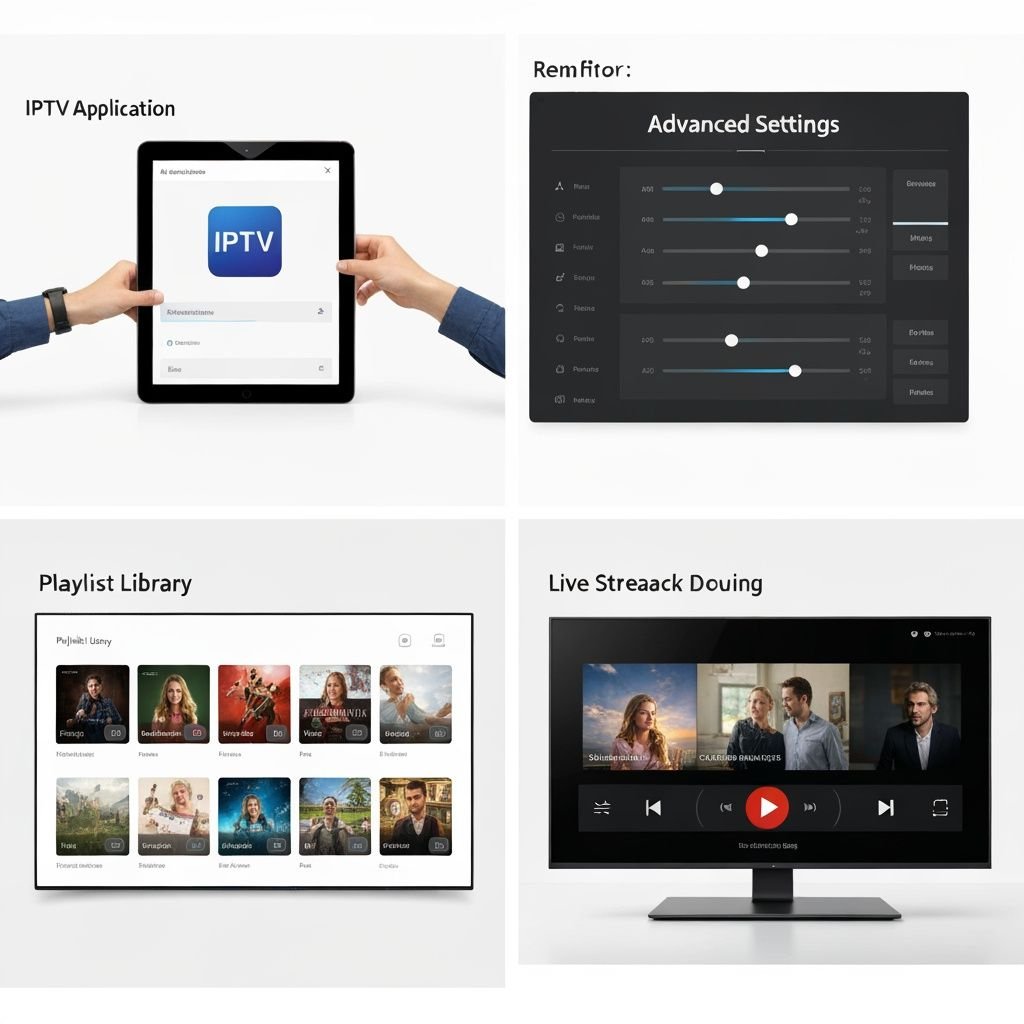 Quatre étapes d'installation et configuration d'une application IPTV : installation, paramètres, bibliothèque et lecture.