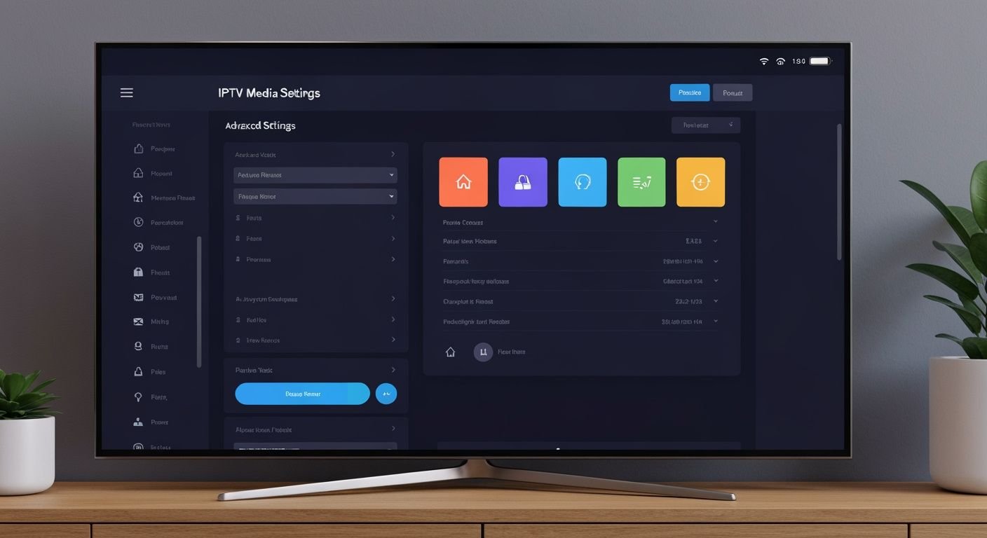 Interface avancée d'un lecteur IPTV professionnel affichée sur un téléviseur moderne avec options de configuration.