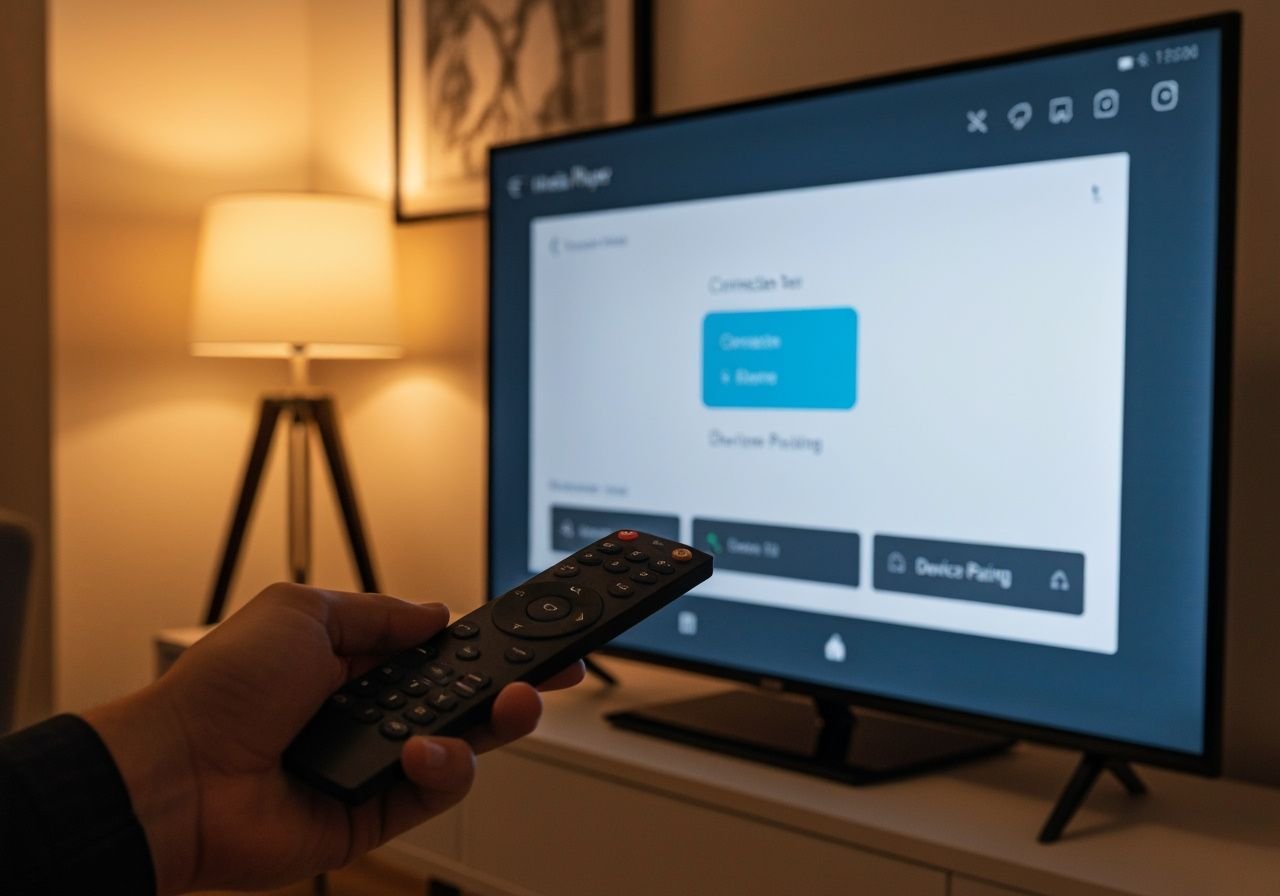Télécommande pointée vers un téléviseur affichant l'écran d'appairage d'un lecteur multimédia IPTV.