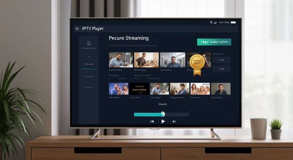 Interface de lecteur IPTV professionnel sécurisé avec badge de conformité légale sur écran Smart TV moderne.