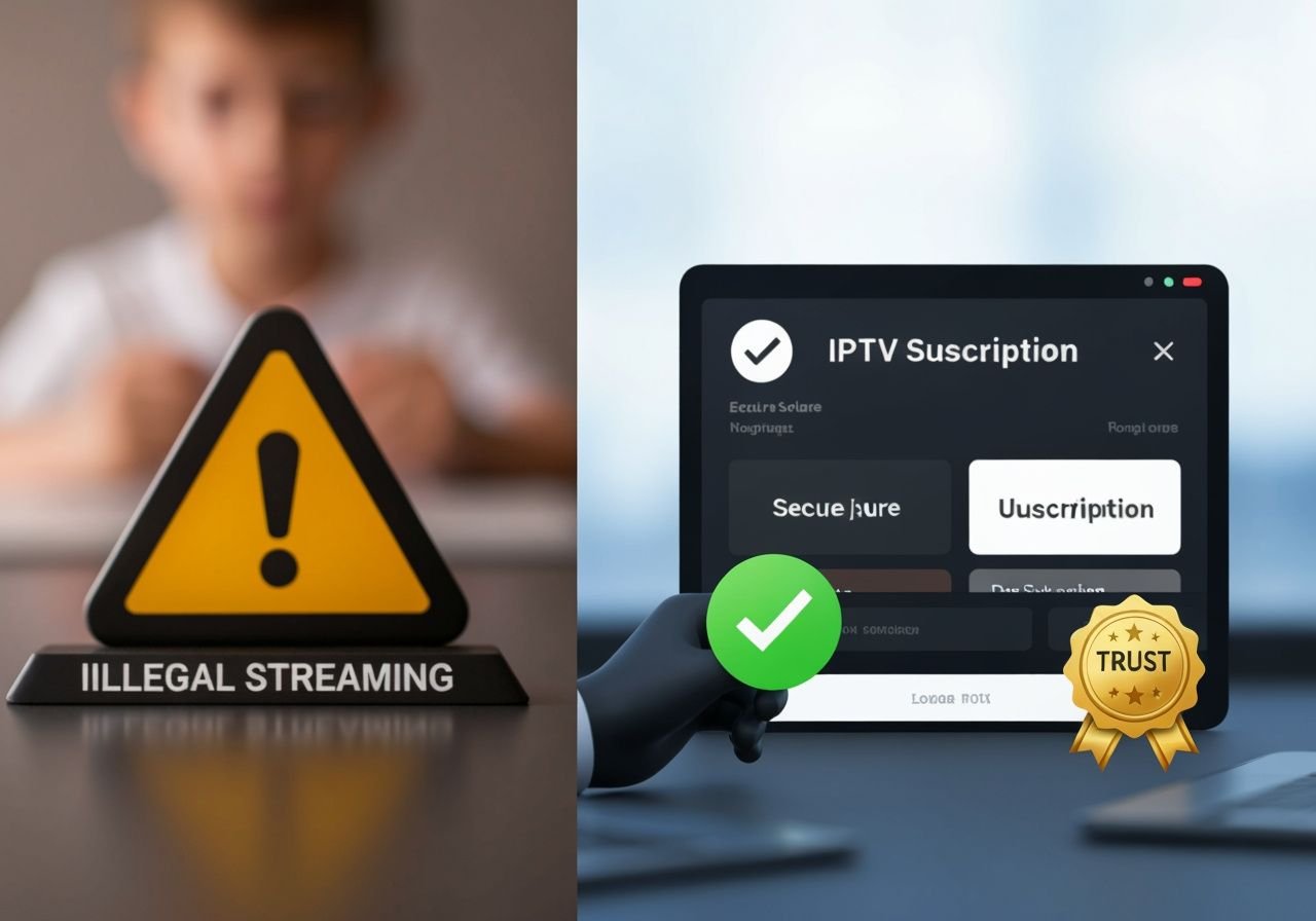 Comparaison visuelle entre streaming illégal non sécurisé et abonnement IPTV légal certifié.