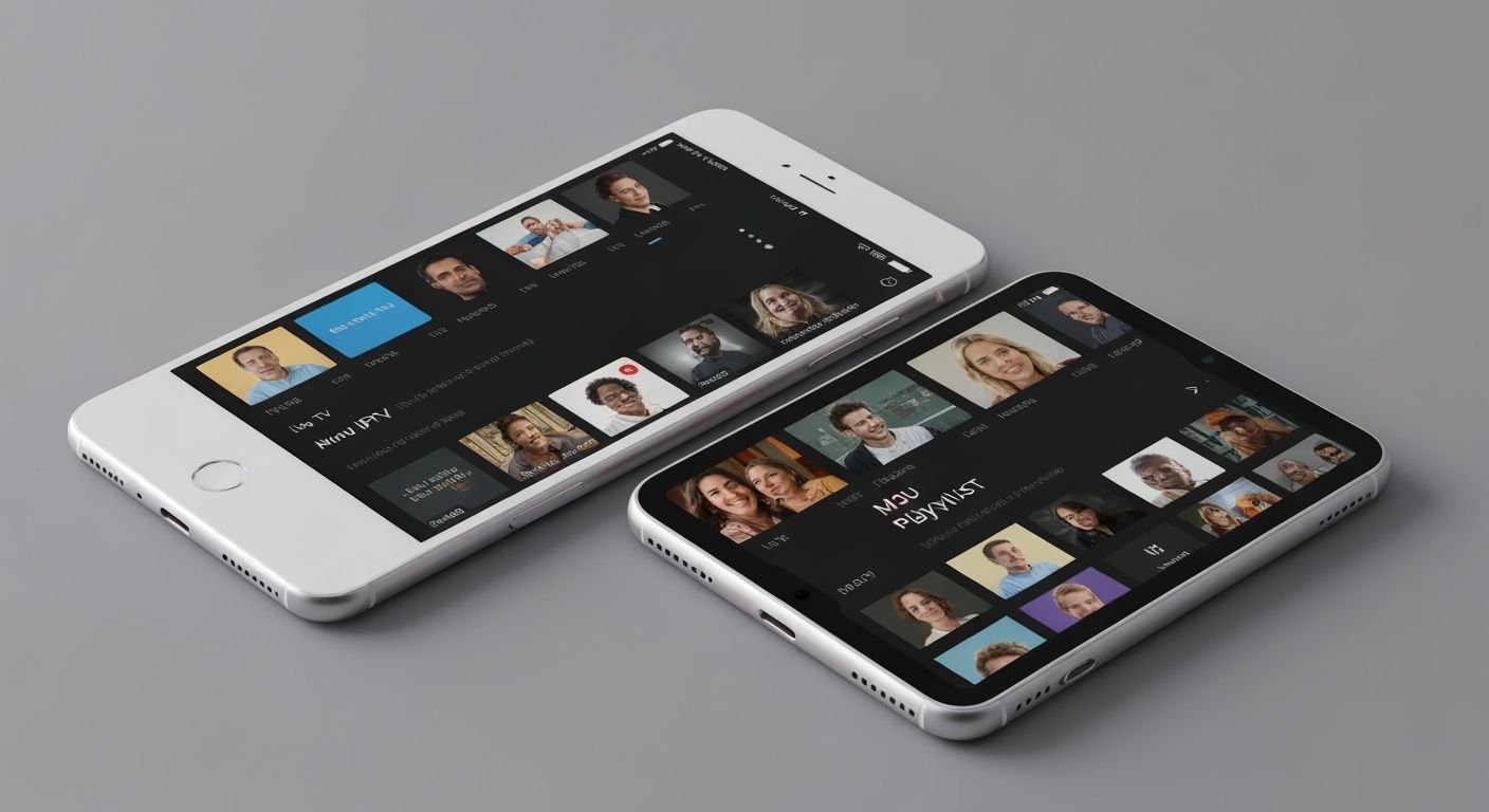 Application IPTV Smarters affichée sur smartphone et tablette avec interface de lecture M3U