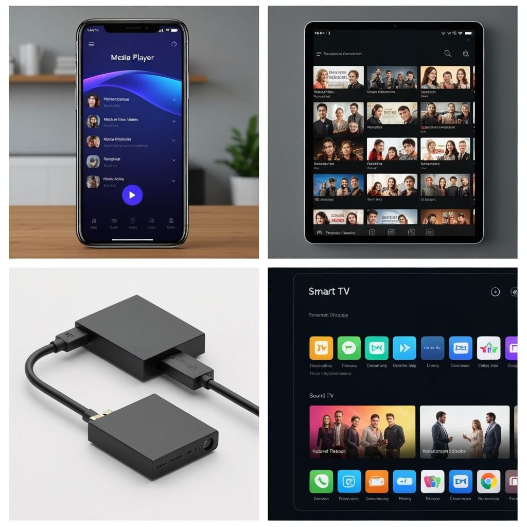 Quatre étapes : smartphone, tablette, appareil de streaming et interface Smart TV pour regarder la TV