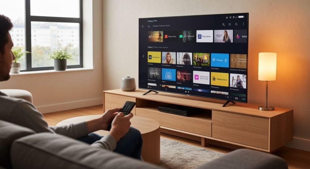 Salon moderne avec téléviseur affichant une interface de streaming et une personne tenant une télécommande