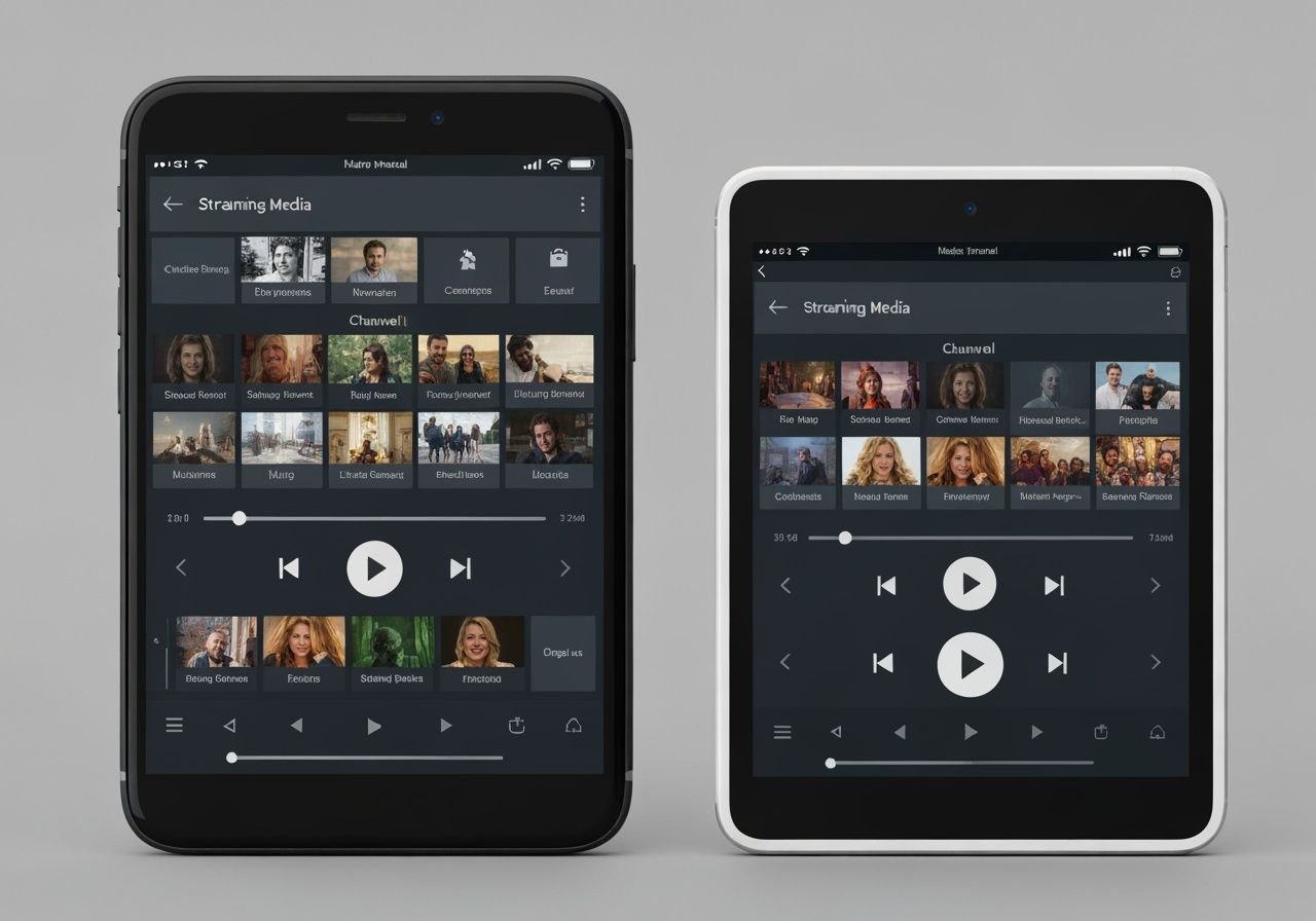 Smartphone et tablette affichant la même application de lecteur multimédia avec canaux en direct