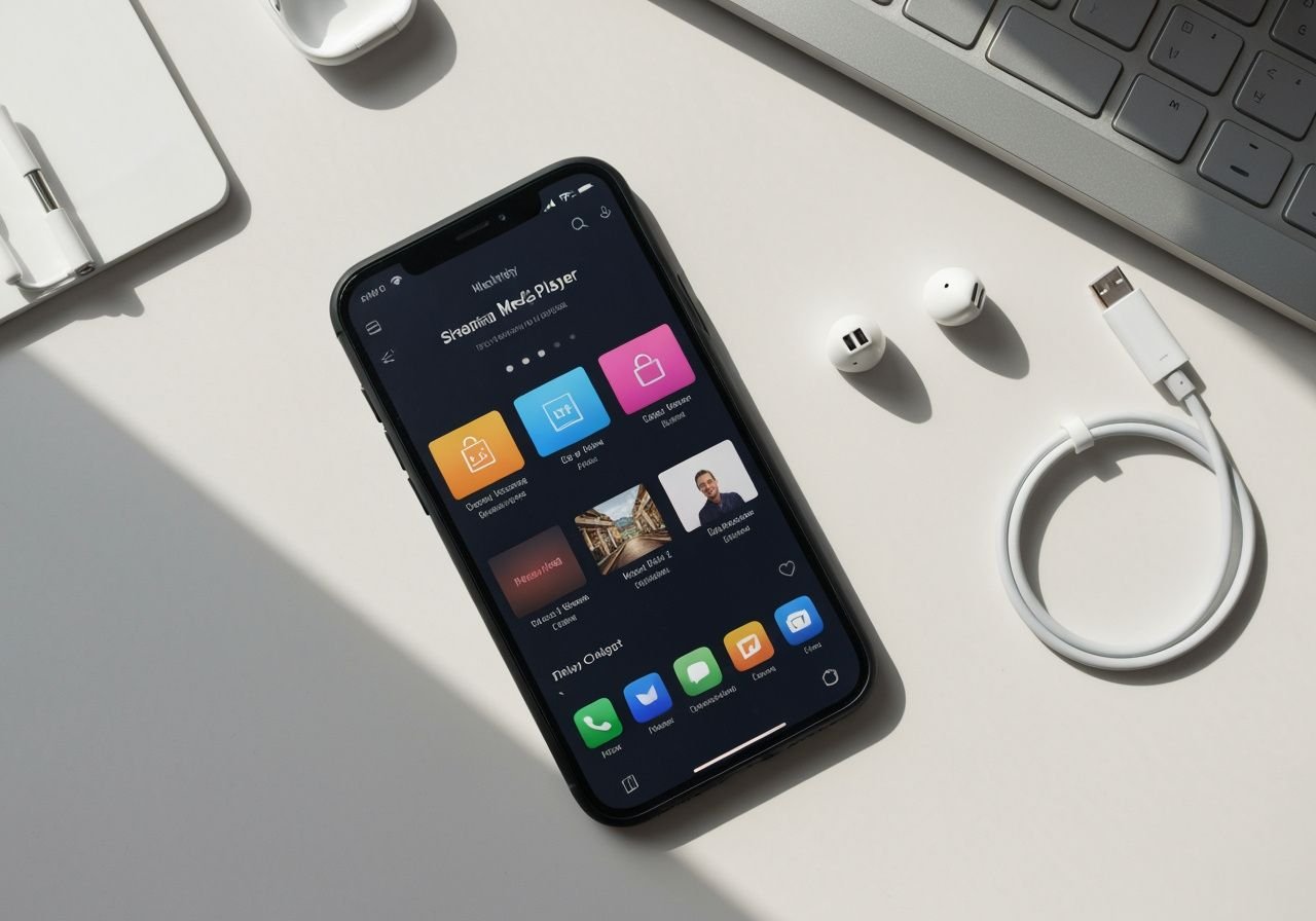 Smartphone moderne montrant interface de lecteur multimédia avec accessoires tech