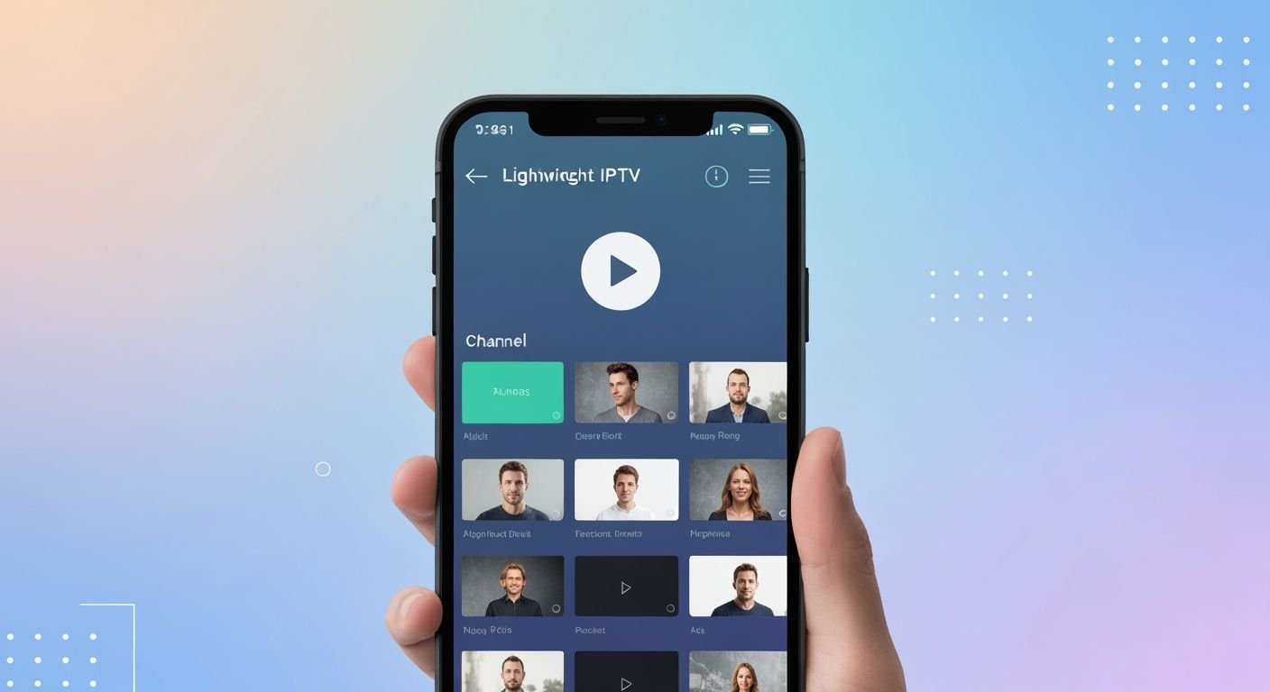 Interface épurée d'un lecteur IPTV léger sur écran de smartphone avec liste de chaînes