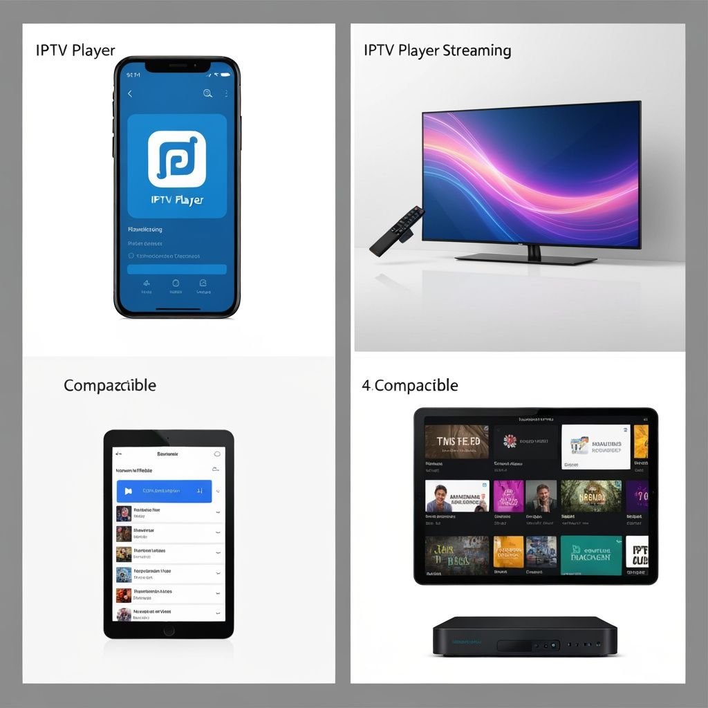 Quatre panneaux montrant l'application sur smartphone, TV, tablette et les options de navigation