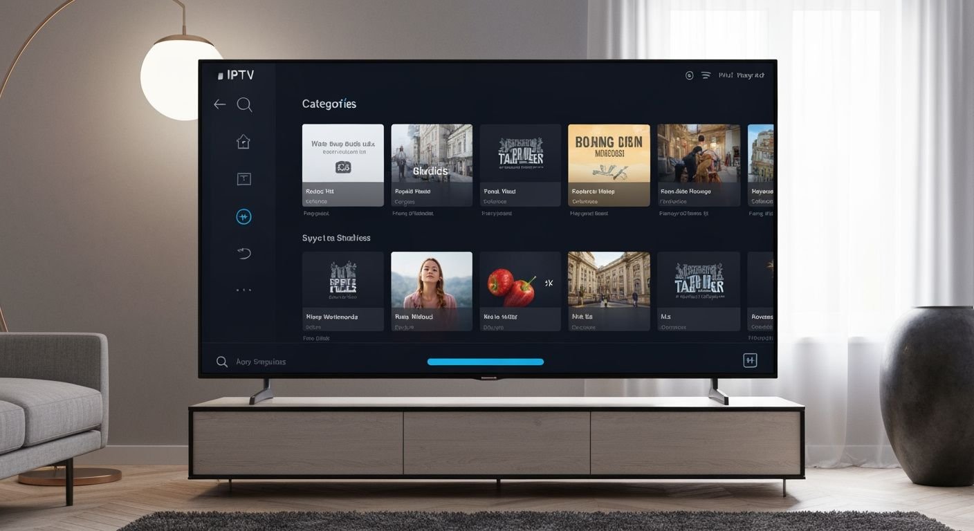 Interface de lecteur IPTV affichée sur un téléviseur moderne avec menu de contenu organisé