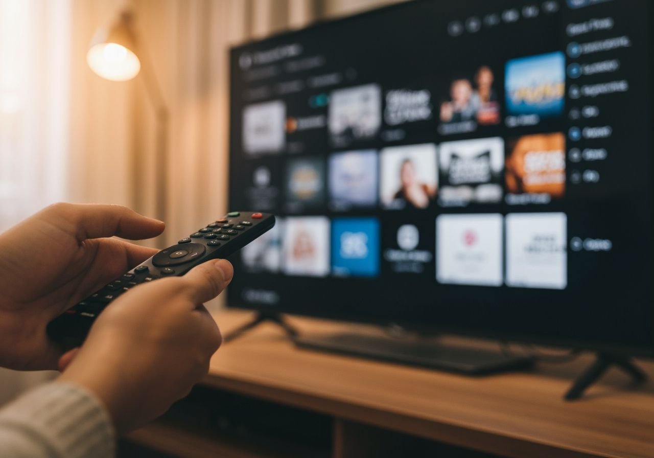Télécommande pointée vers un téléviseur affichant une interface de streaming avec bibliothèque de contenu