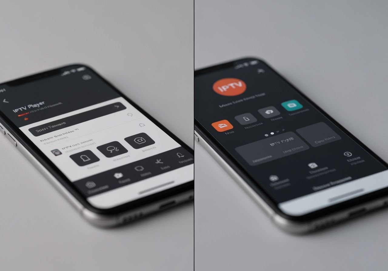 Comparaison de plusieurs lecteurs IPTV sur écran mobile avec différentes interfaces