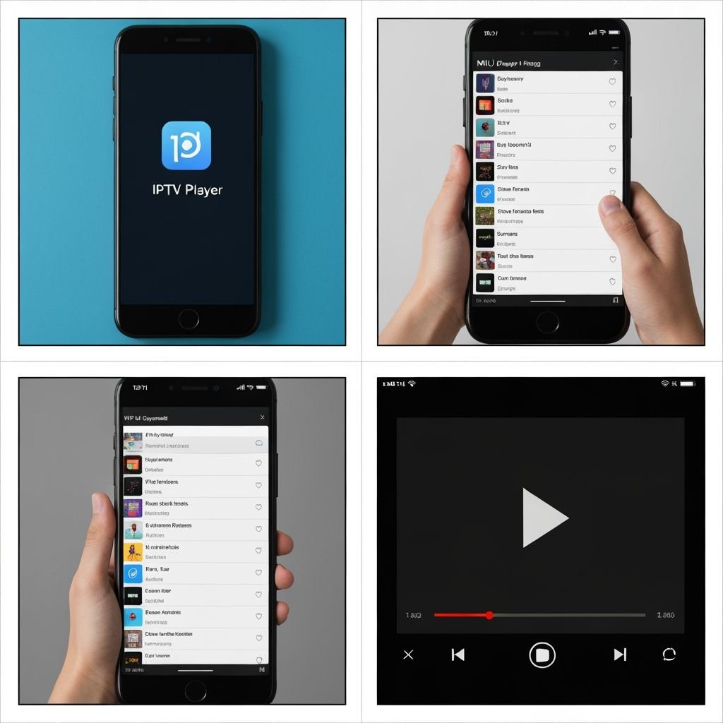 Tutoriel en quatre étapes : installation de l'app, import M3U, liste de chaînes, et lecture vidéo en direct.