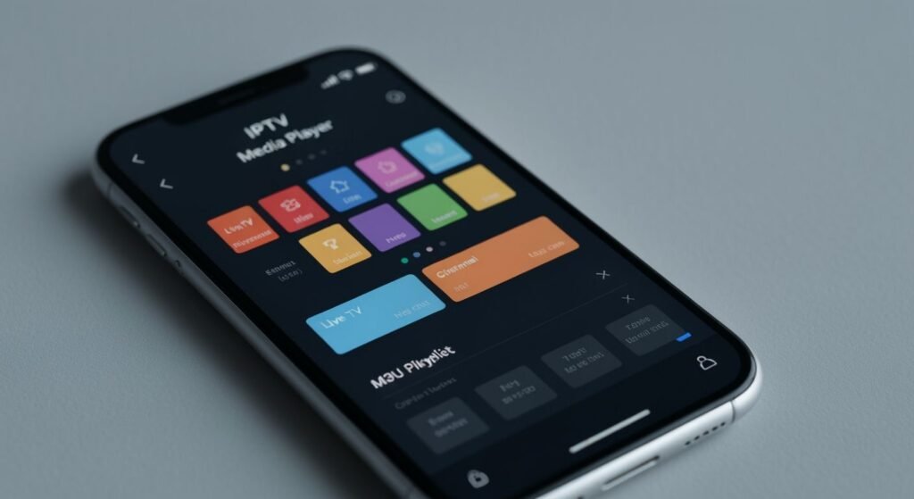 Application lecteur IPTV affichant une grille de chaînes colorées et options de configuration M3U sur écran smartphone.