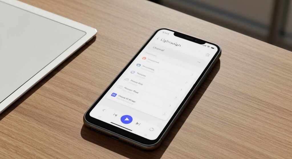 Application lecteur IPTV légère affichée sur smartphone avec interface de chaînes et contrôles de lecture.