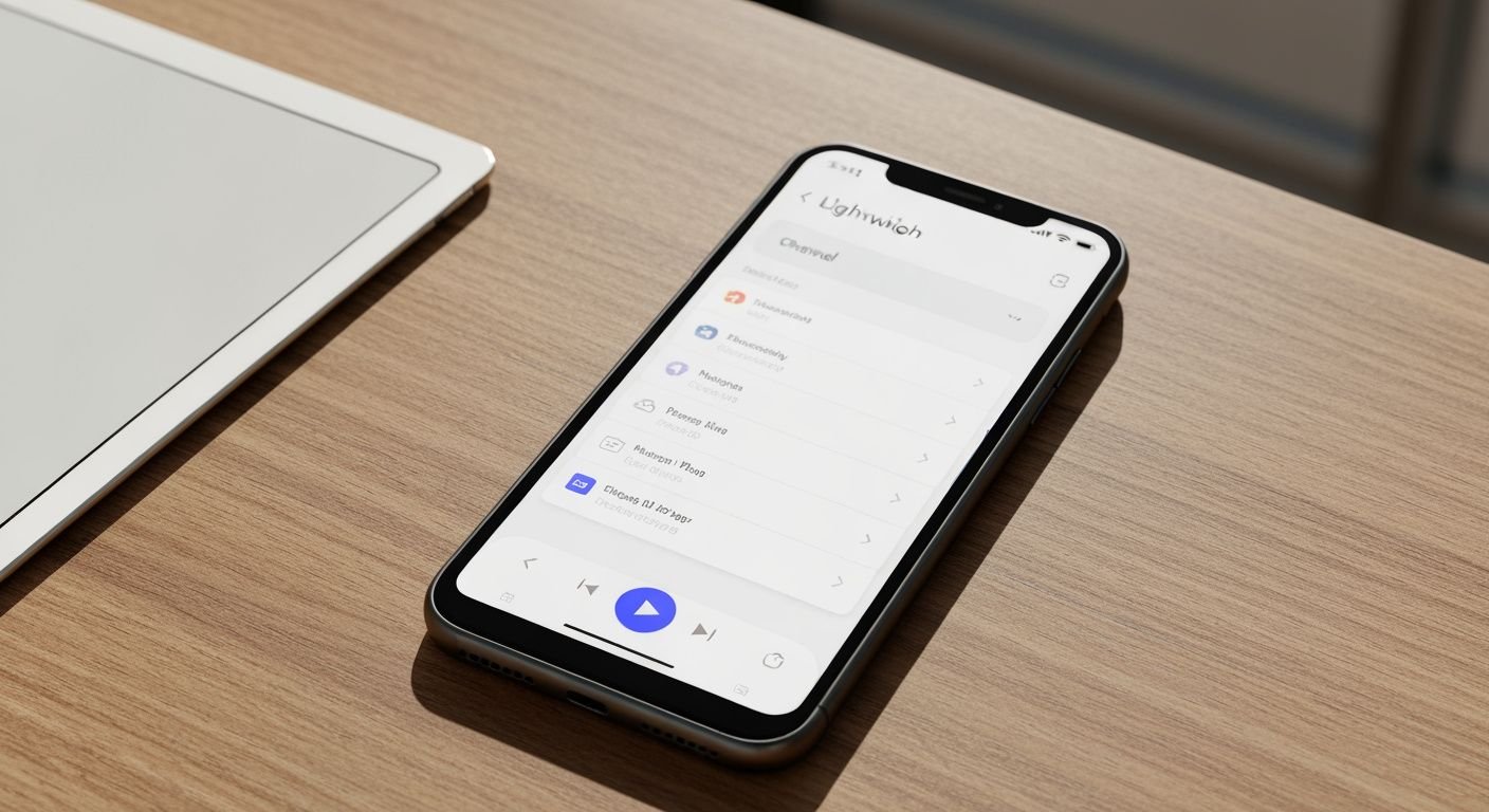 Application lecteur IPTV légère affichée sur smartphone avec interface de chaînes et contrôles de lecture.