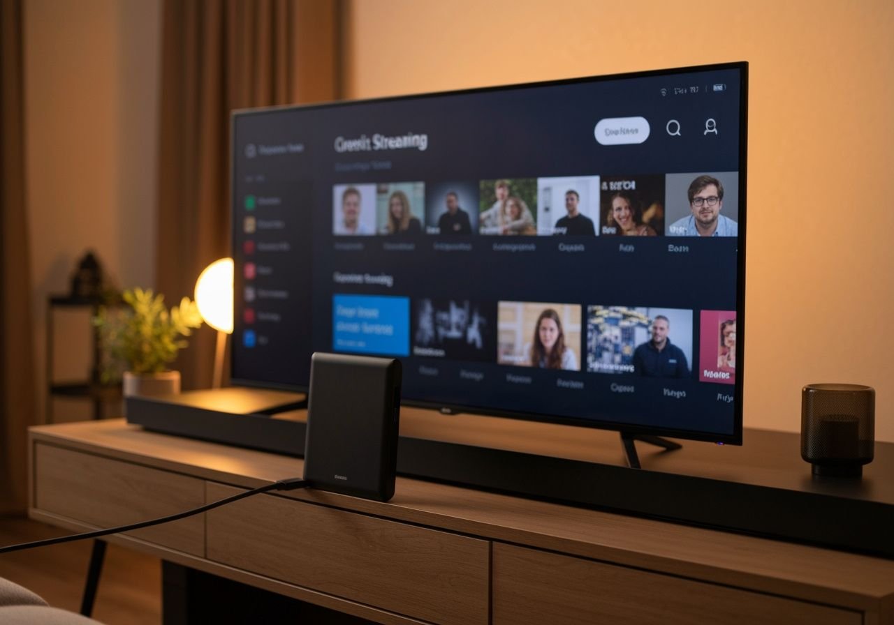 Appareil de streaming connecté à un téléviseur moderne pour regarder des chaînes IPTV en direct.